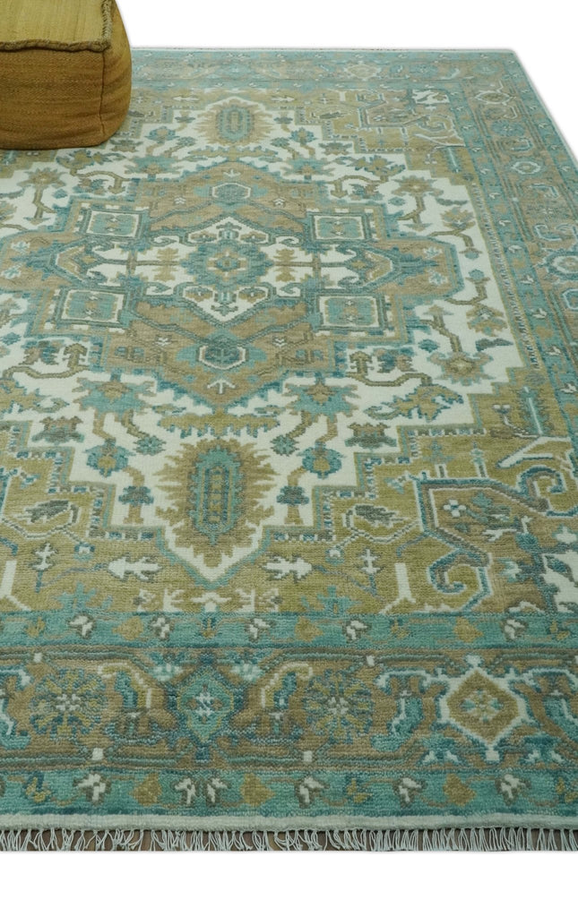 Ivory, Olive and Teal Hand Knotted Traditional Heriz 8x10 wool area rug