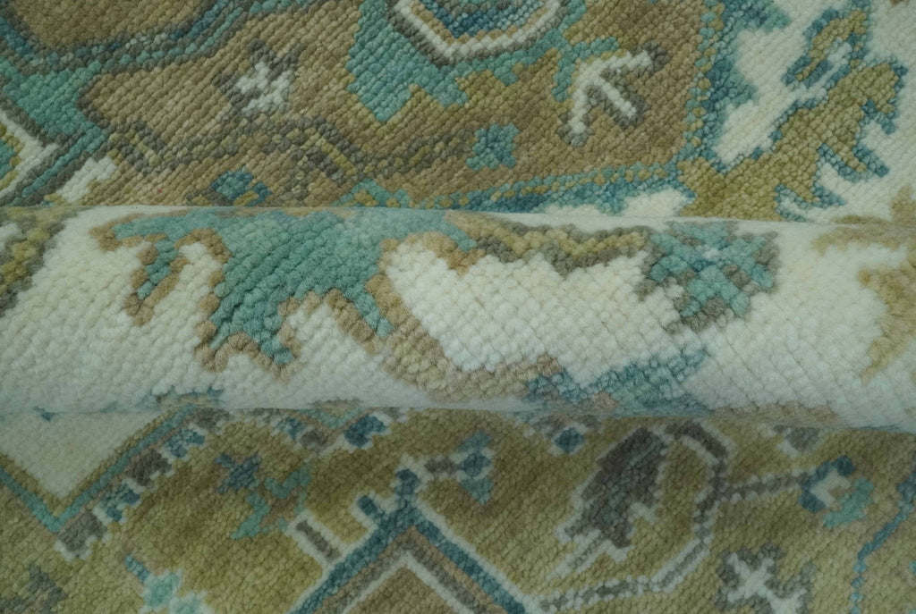 Ivory, Olive and Teal Hand Knotted Traditional Heriz 8x10 wool area rug