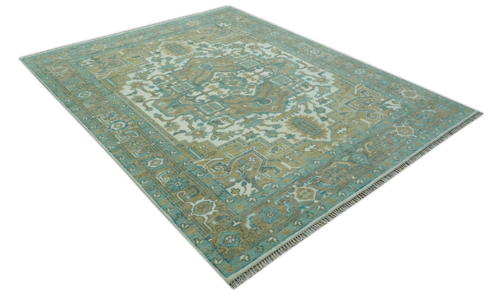 Ivory, Olive and Teal Hand Knotted Traditional Heriz 8x10 wool area rug