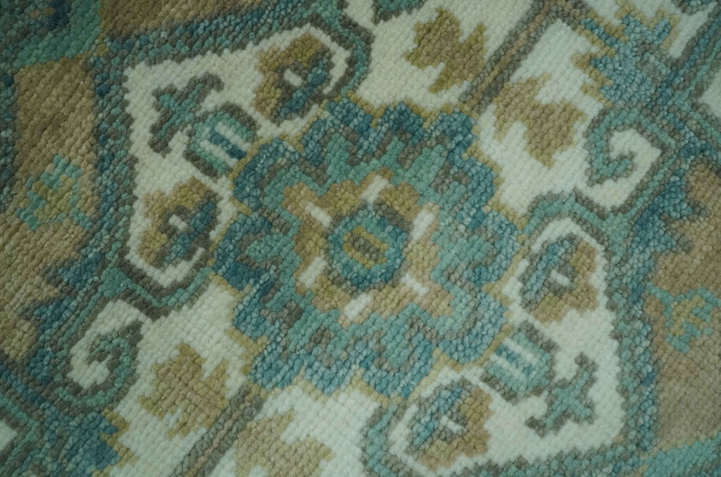 Ivory, Olive and Teal Hand Knotted Traditional Heriz 8x10 wool area rug