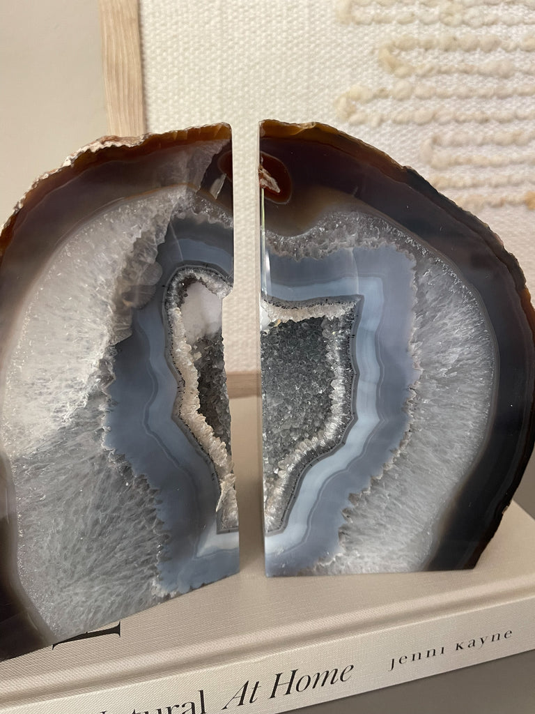 Large Blue Agate Druzy Bookends