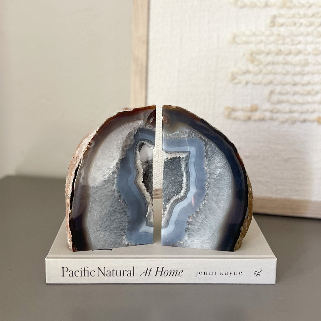 Large Blue Agate Druzy Bookends