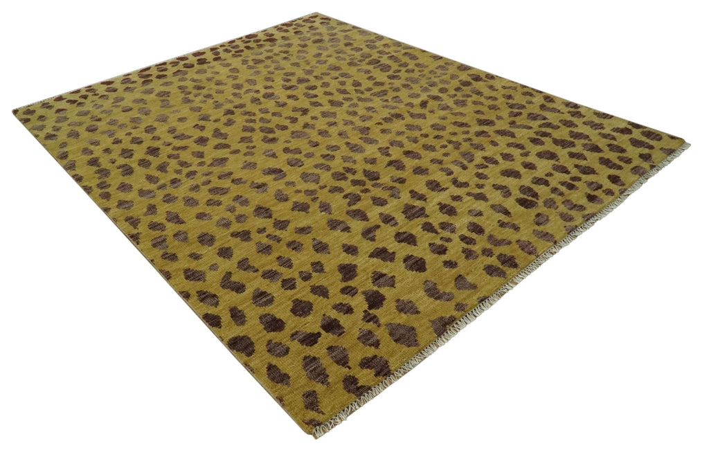 Leopard Design Mustard and Dark Plum Hand Knotted Custom Made wool area rug