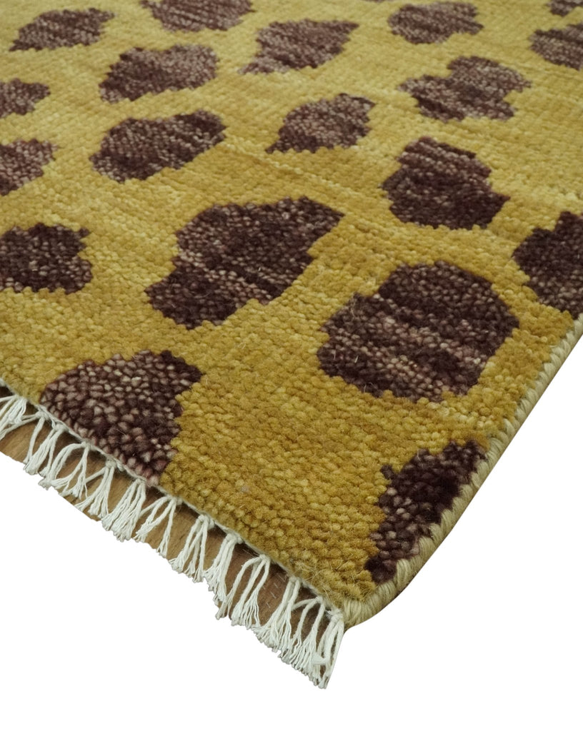 Leopard Design Mustard and Dark Plum Hand Knotted Custom Made wool area rug
