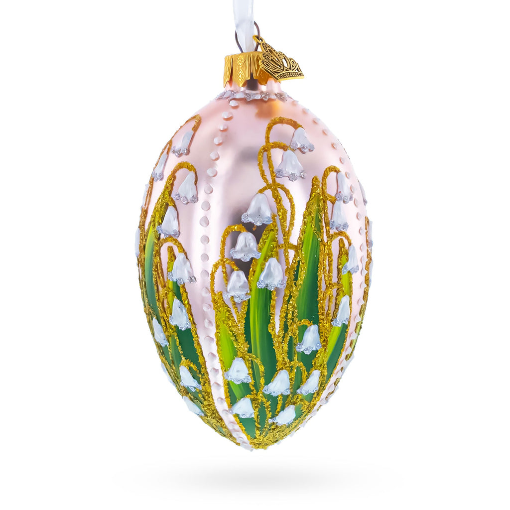 Lily of the Valley on Frosted Rose Egg Glass Ornament 4 Inches
