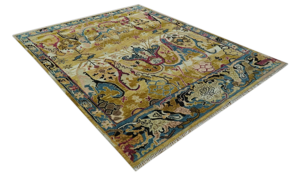 Mustard and Teal Transitional Dragon Oushak 8x10 hand knotted wool area rug