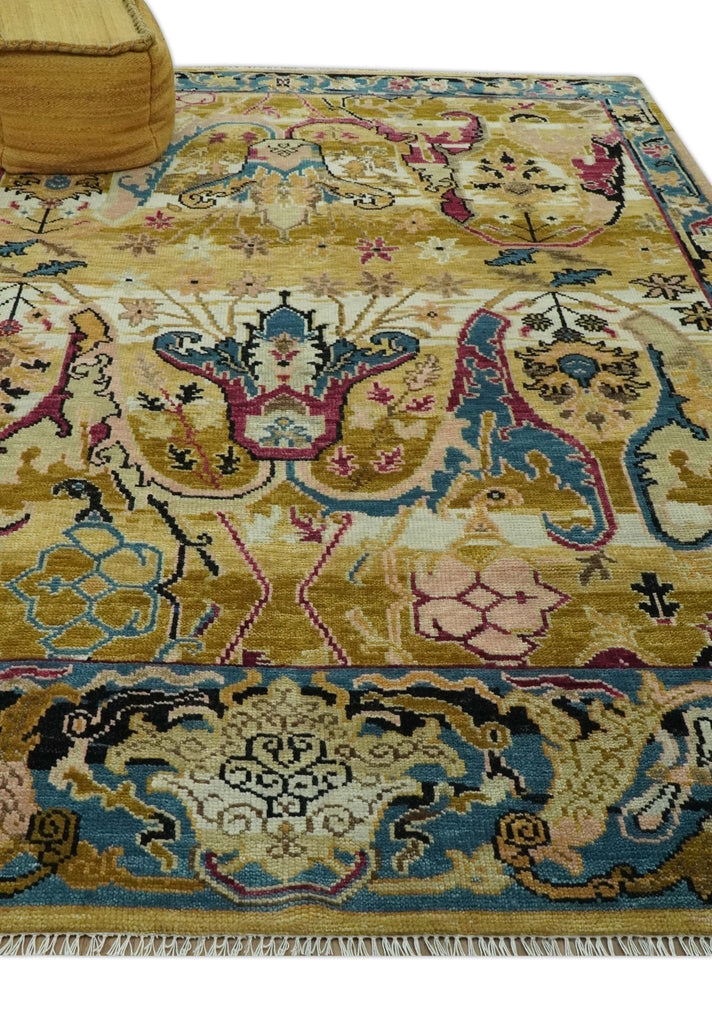 Mustard and Teal Transitional Dragon Oushak 8x10 hand knotted wool area rug