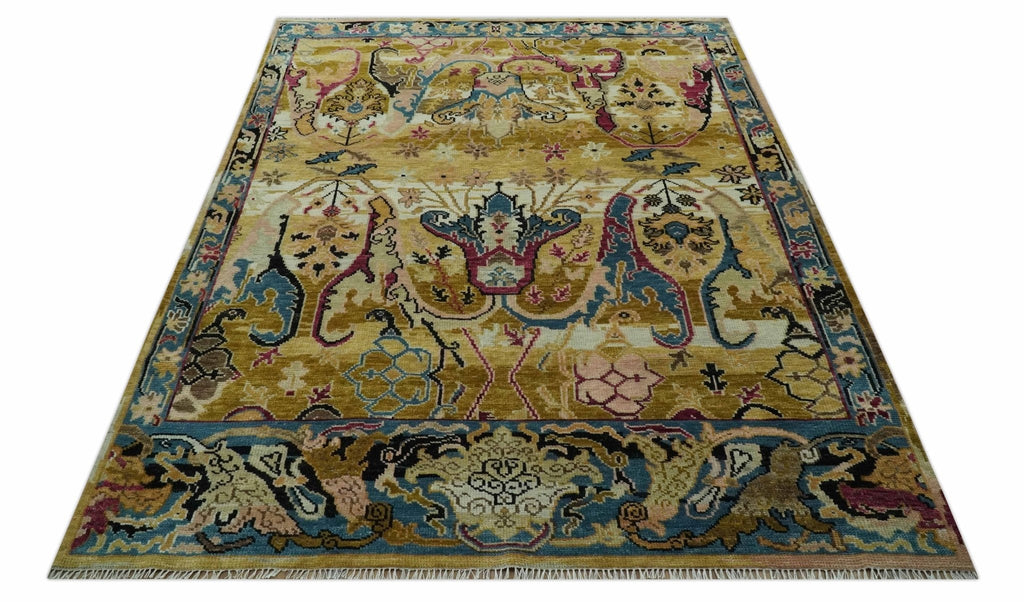 Mustard and Teal Transitional Dragon Oushak 8x10 hand knotted wool area rug