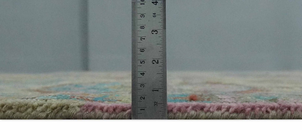 Olive, Teal, Brown and Pink Traditional Ikat Design Hand knotted 8x10 wool Area Rug