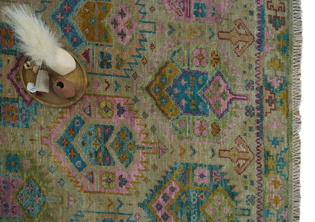 Olive, Teal, Brown and Pink Traditional Ikat Design Hand knotted 8x10 wool Area Rug