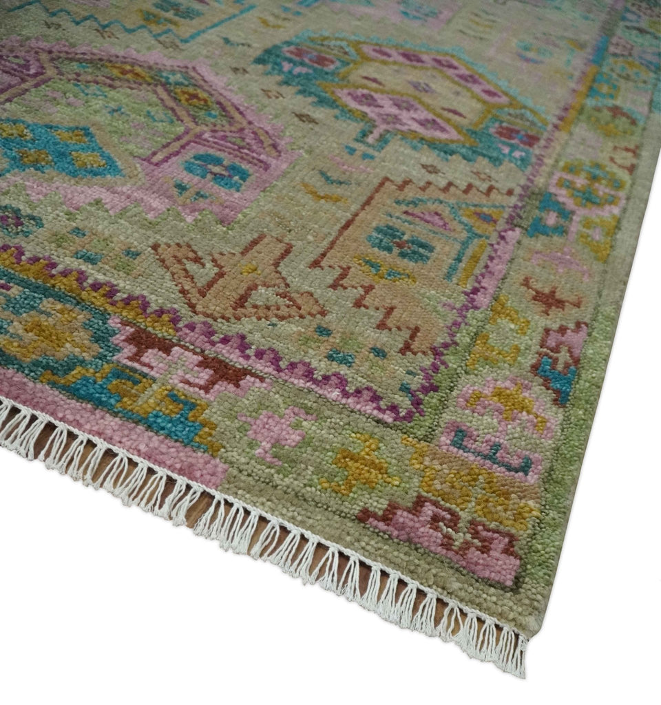 Olive, Teal, Brown and Pink Traditional Ikat Design Hand knotted 8x10 wool Area Rug