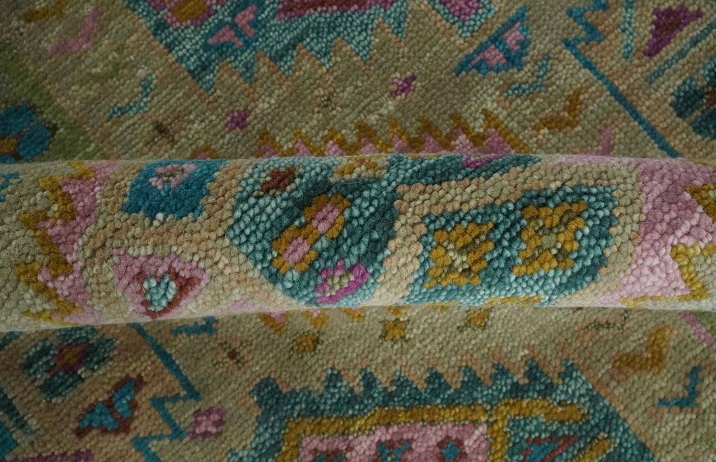 Olive, Teal, Brown and Pink Traditional Ikat Design Hand knotted 8x10 wool Area Rug
