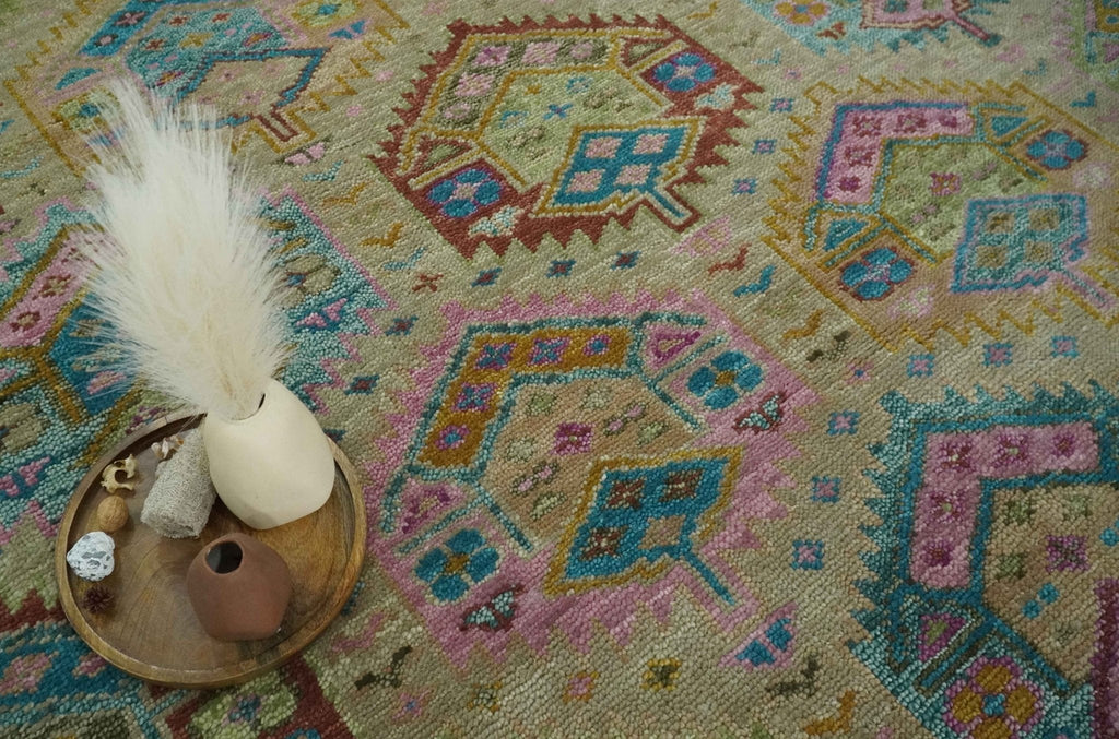 Olive, Teal, Brown and Pink Traditional Ikat Design Hand knotted 8x10 wool Area Rug