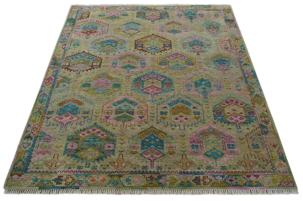 Olive, Teal, Brown and Pink Traditional Ikat Design Hand knotted 8x10 wool Area Rug
