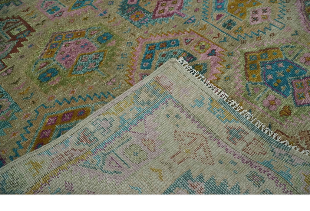 Olive, Teal, Brown and Pink Traditional Ikat Design Hand knotted 8x10 wool Area Rug