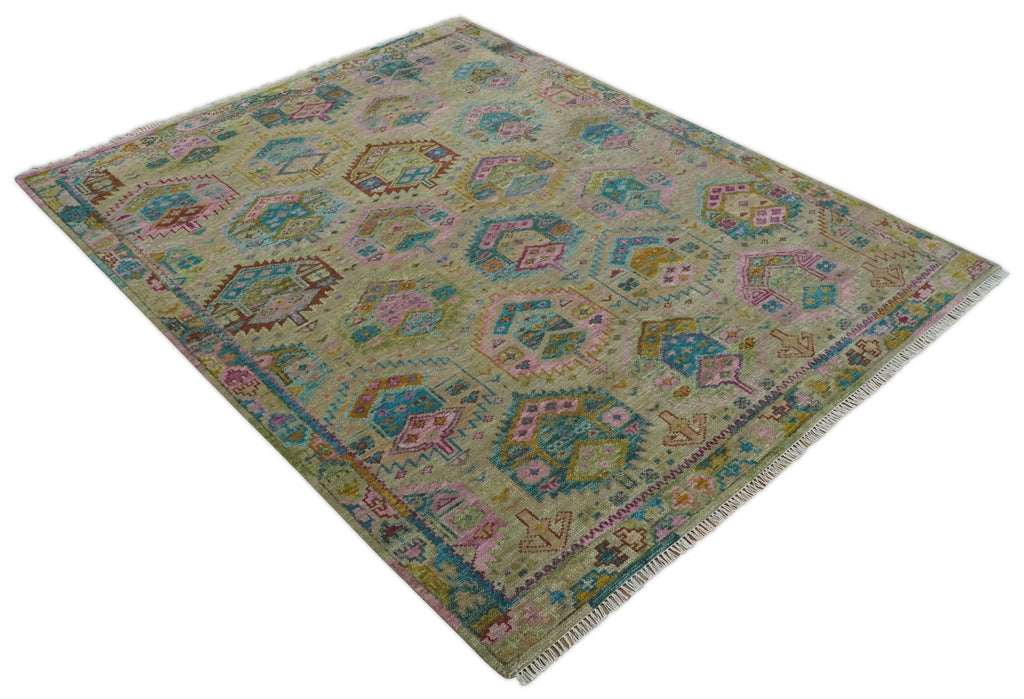 Olive, Teal, Brown and Pink Traditional Ikat Design Hand knotted 8x10 wool Area Rug