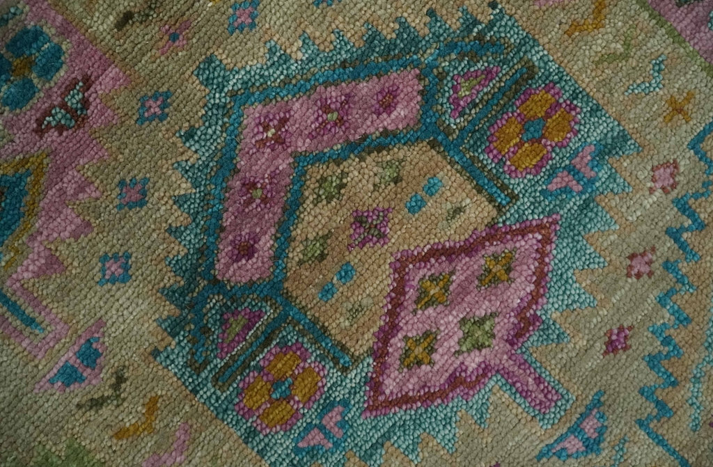 Olive, Teal, Brown and Pink Traditional Ikat Design Hand knotted 8x10 wool Area Rug