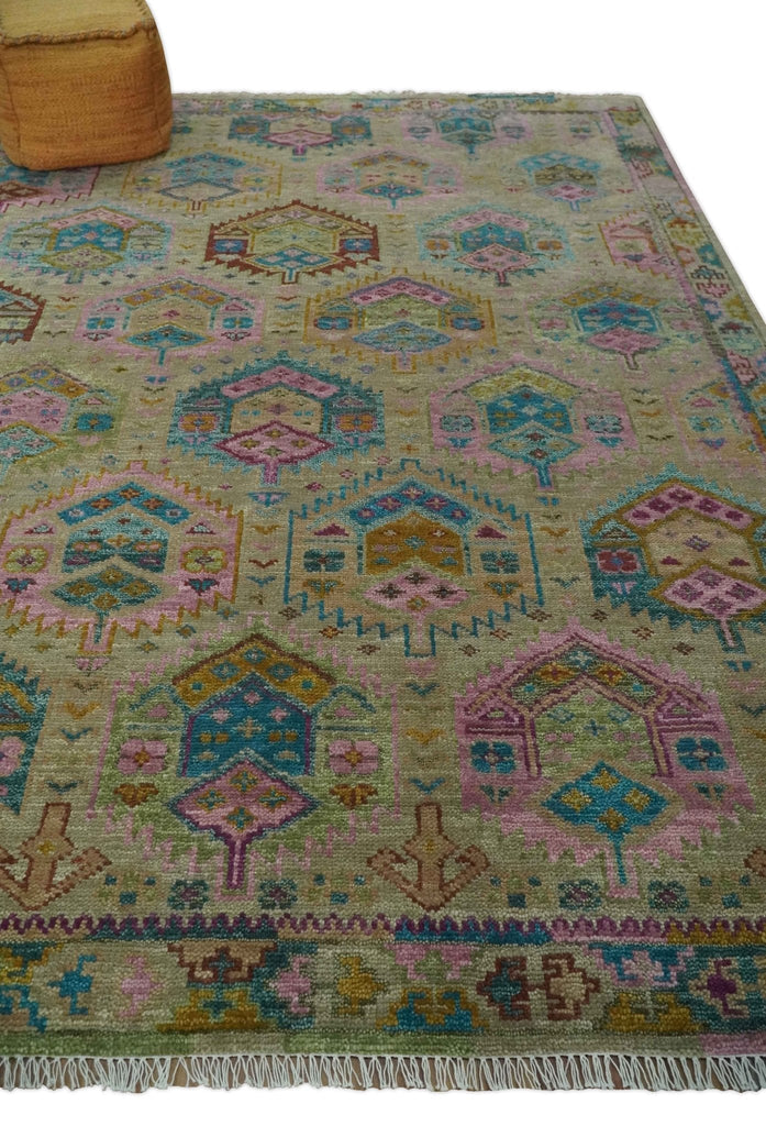 Olive, Teal, Brown and Pink Traditional Ikat Design Hand knotted 8x10 wool Area Rug
