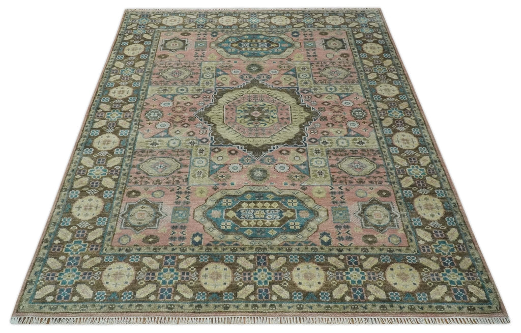 Pink, Beige and Olive Hand knotted Medallion Mamluk Design 8x10 wool Area Rug