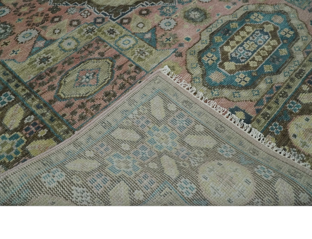 Pink, Beige and Olive Hand knotted Medallion Mamluk Design 8x10 wool Area Rug