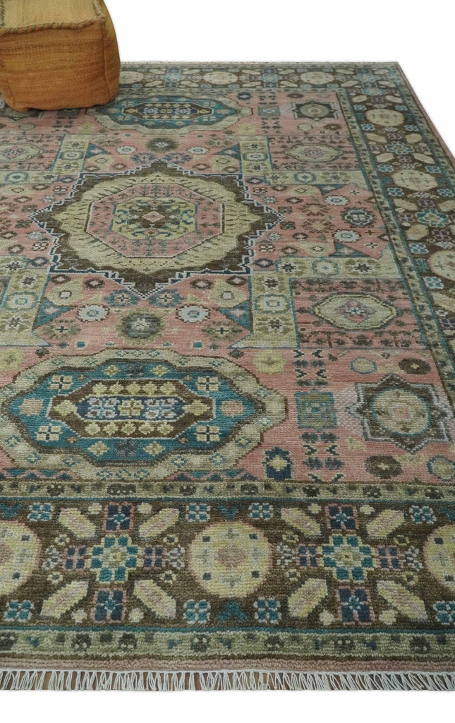 Pink, Beige and Olive Hand knotted Medallion Mamluk Design 8x10 wool Area Rug