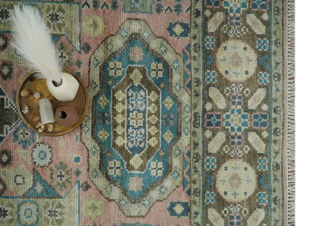 Pink, Beige and Olive Hand knotted Medallion Mamluk Design 8x10 wool Area Rug