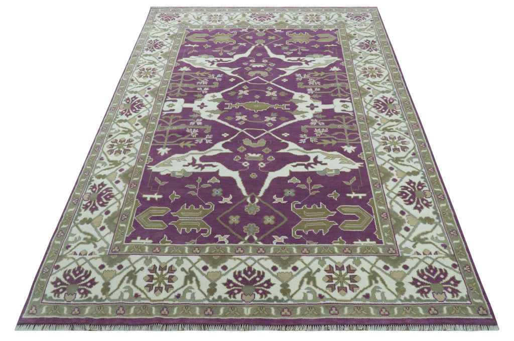 Purple, Ivory And Beige Traditional Oushak Design Hand Knotted 9x13 wool area rug