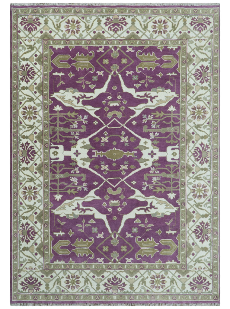 Purple, Ivory And Beige Traditional Oushak Design Hand Knotted 9x13 wool area rug