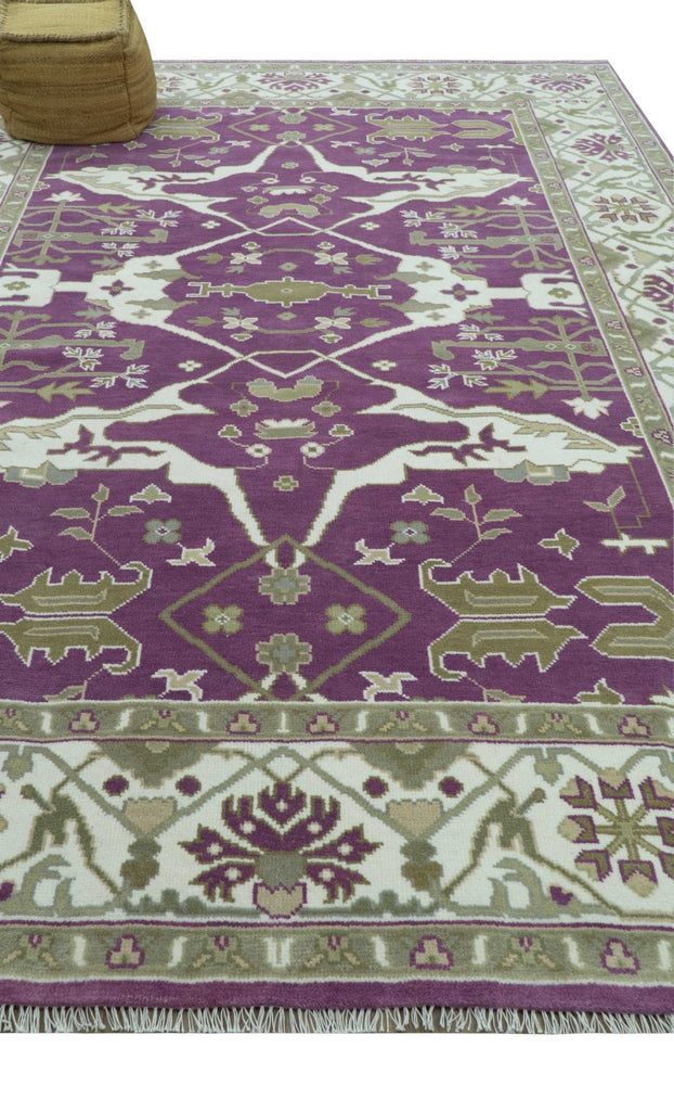 Purple, Ivory And Beige Traditional Oushak Design Hand Knotted 9x13 wool area rug