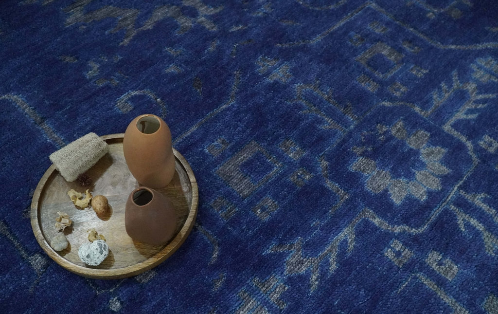 Ready to Ship Blue and Gray Hand knotted Oushak 8x10 and 9x12 wool Area Rug