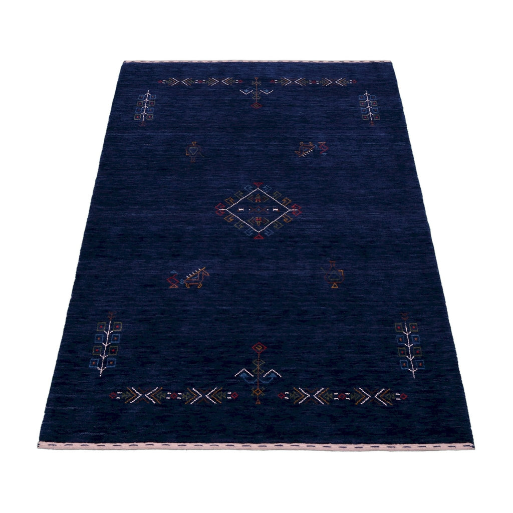 Ready to Ship Blue Tribal Center Medallion Hand Loomed Wool Area Rug