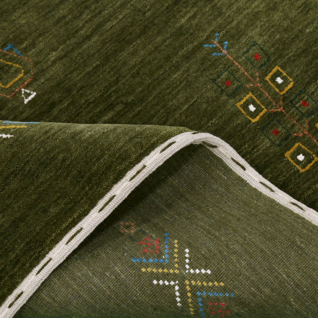 Ready to Ship Green Tribal Center Medallion Hand Loomed Wool Area Rug