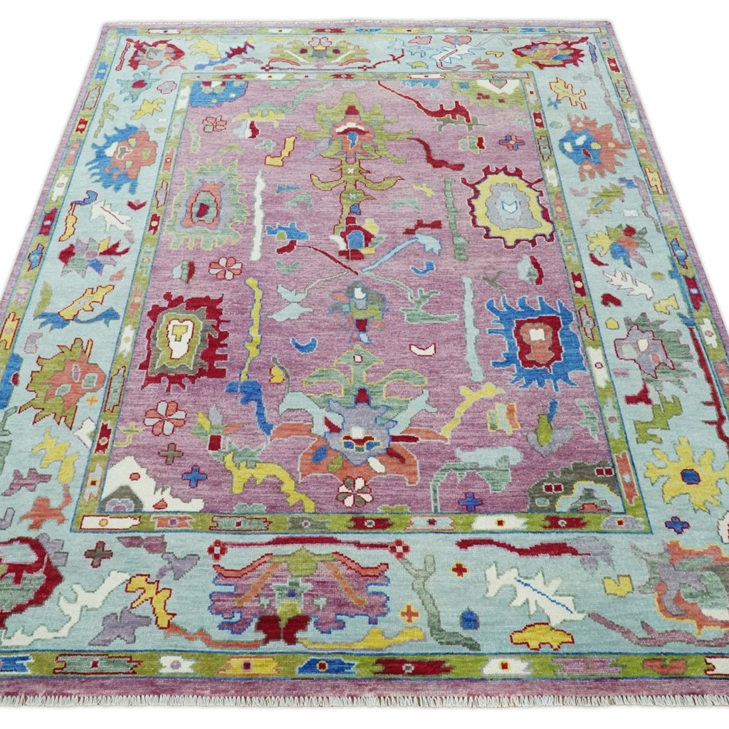 Pink Modern Oushak Rug Wool Blue Colorful Hand knotted Area Rug