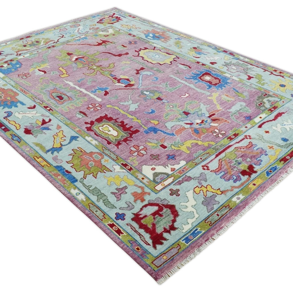 Pink Modern Oushak Rug Wool Blue Colorful Hand knotted Area Rug