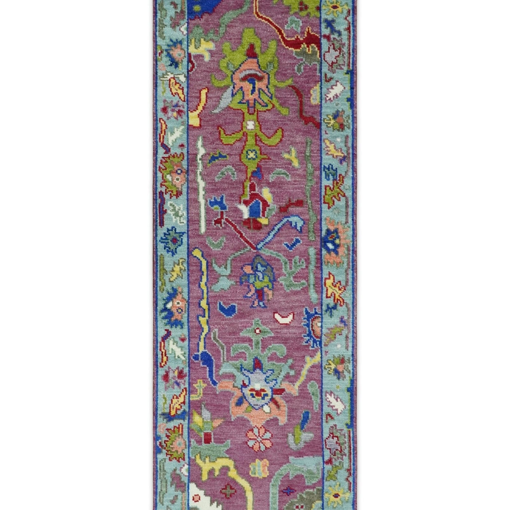 Pink Modern Oushak Rug Wool Blue Colorful Hand knotted Area Rug