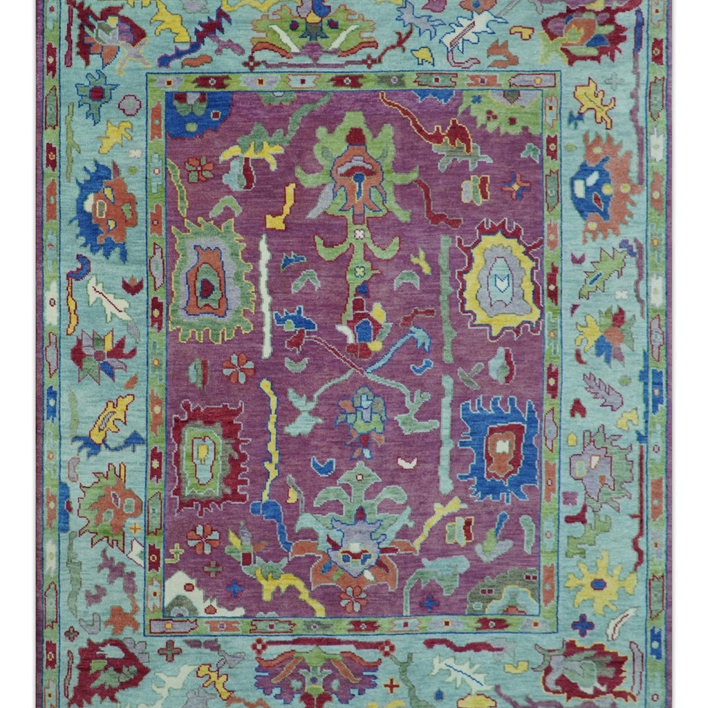 Pink Modern Oushak Rug Wool Blue Colorful Hand knotted Area Rug