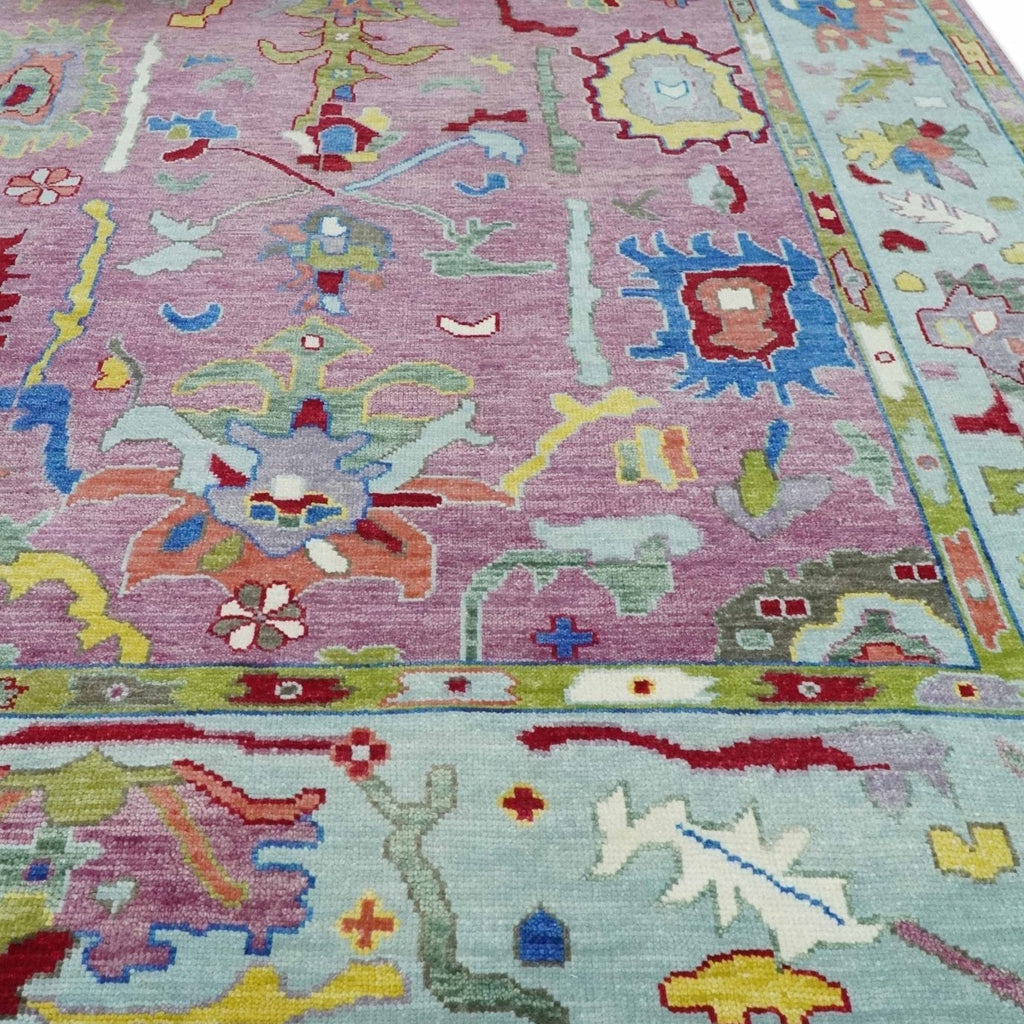 Pink Modern Oushak Rug Wool Blue Colorful Hand knotted Area Rug