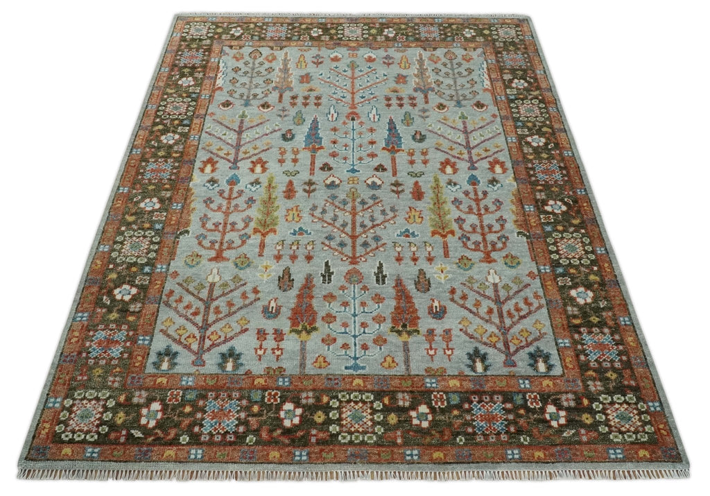 Ready to Ship Tree of Life Hand Knotted Silver, Brown and Rust Traditional Oushak Wool Rug