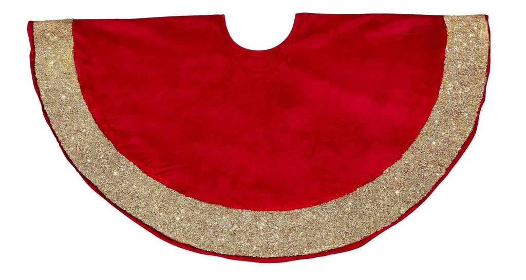 Red Velvet Christmas Tree Skirt Hand Beaded Gold Border - 60" / 72" Arcadia Home