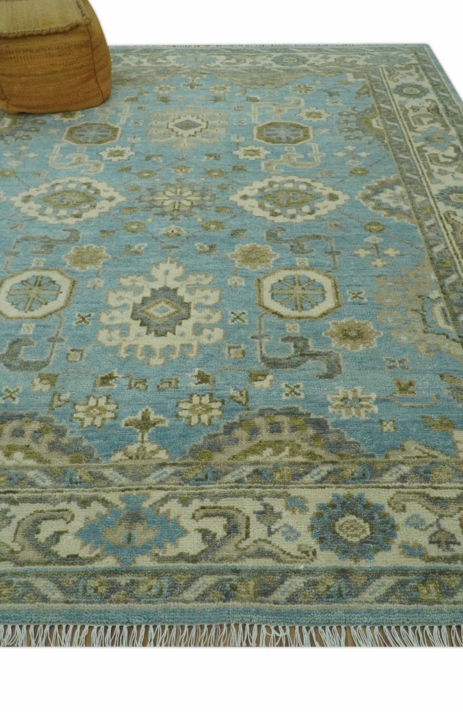 Sea Blue, Green and Ivory 8x10 Hand Knotted Traditional Oriental Oushak wool rug