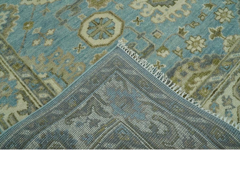 Sea Blue, Green and Ivory 8x10 Hand Knotted Traditional Oriental Oushak wool rug