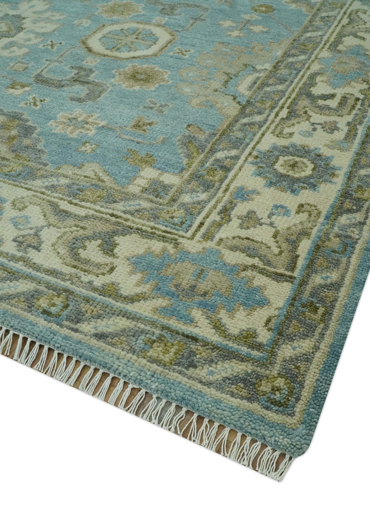 Sea Blue, Green and Ivory 8x10 Hand Knotted Traditional Oriental Oushak wool rug