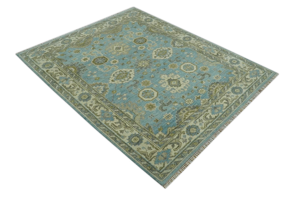 Sea Blue, Green and Ivory 8x10 Hand Knotted Traditional Oriental Oushak wool rug
