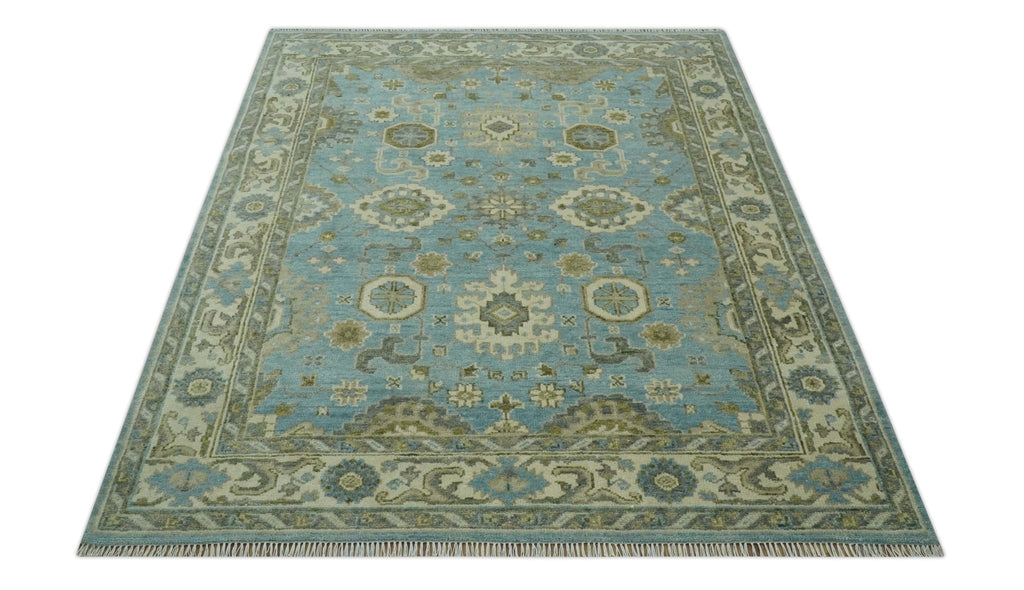 Sea Blue, Green and Ivory 8x10 Hand Knotted Traditional Oriental Oushak wool rug