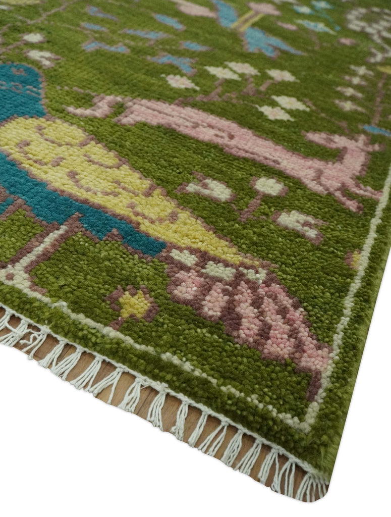 The Green Jungle Life Teal and Peach Peacock Bird Hand Knotted 8x10 Wool Area Rug