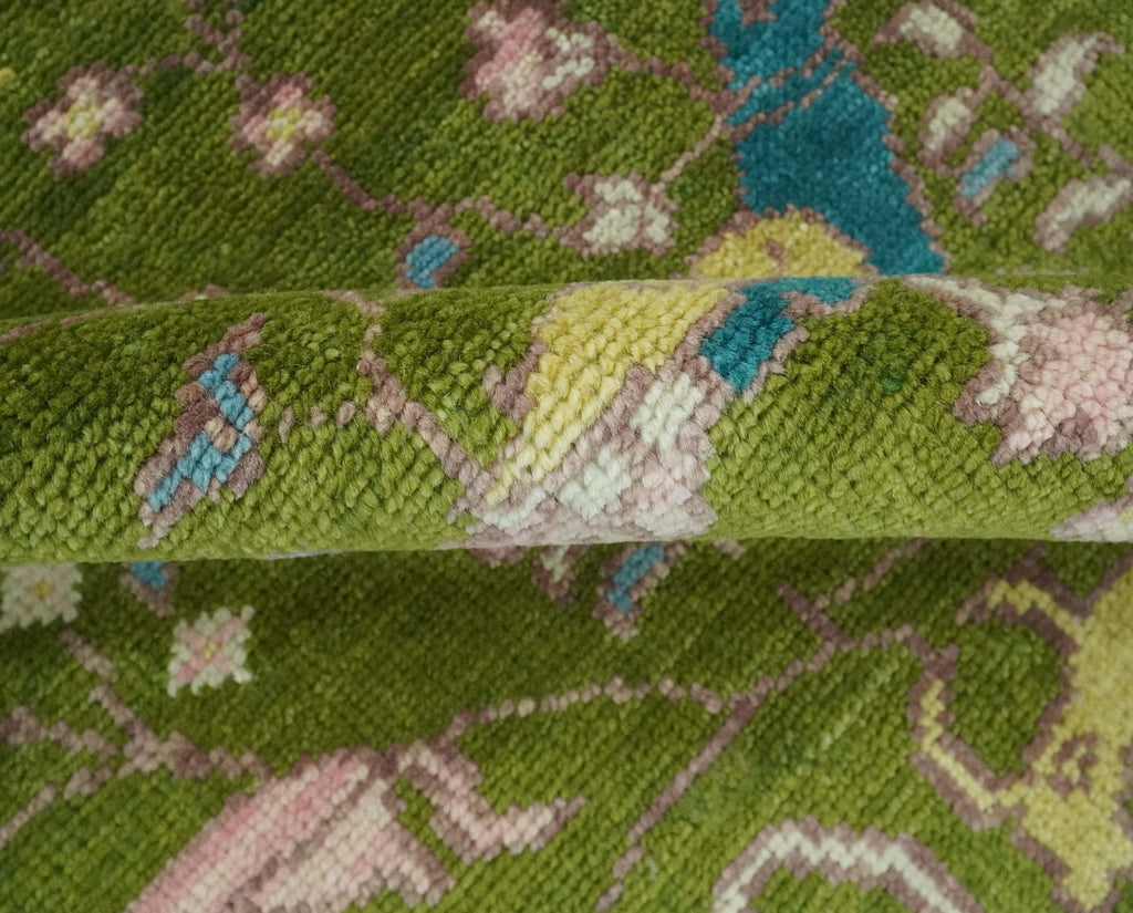 The Green Jungle Life Teal and Peach Peacock Bird Hand Knotted 8x10 Wool Area Rug