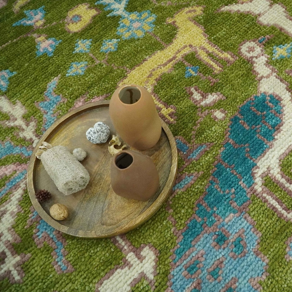 The Green Jungle Life Teal and Peach Peacock Bird Hand Knotted Custom Made Wool Area Rug