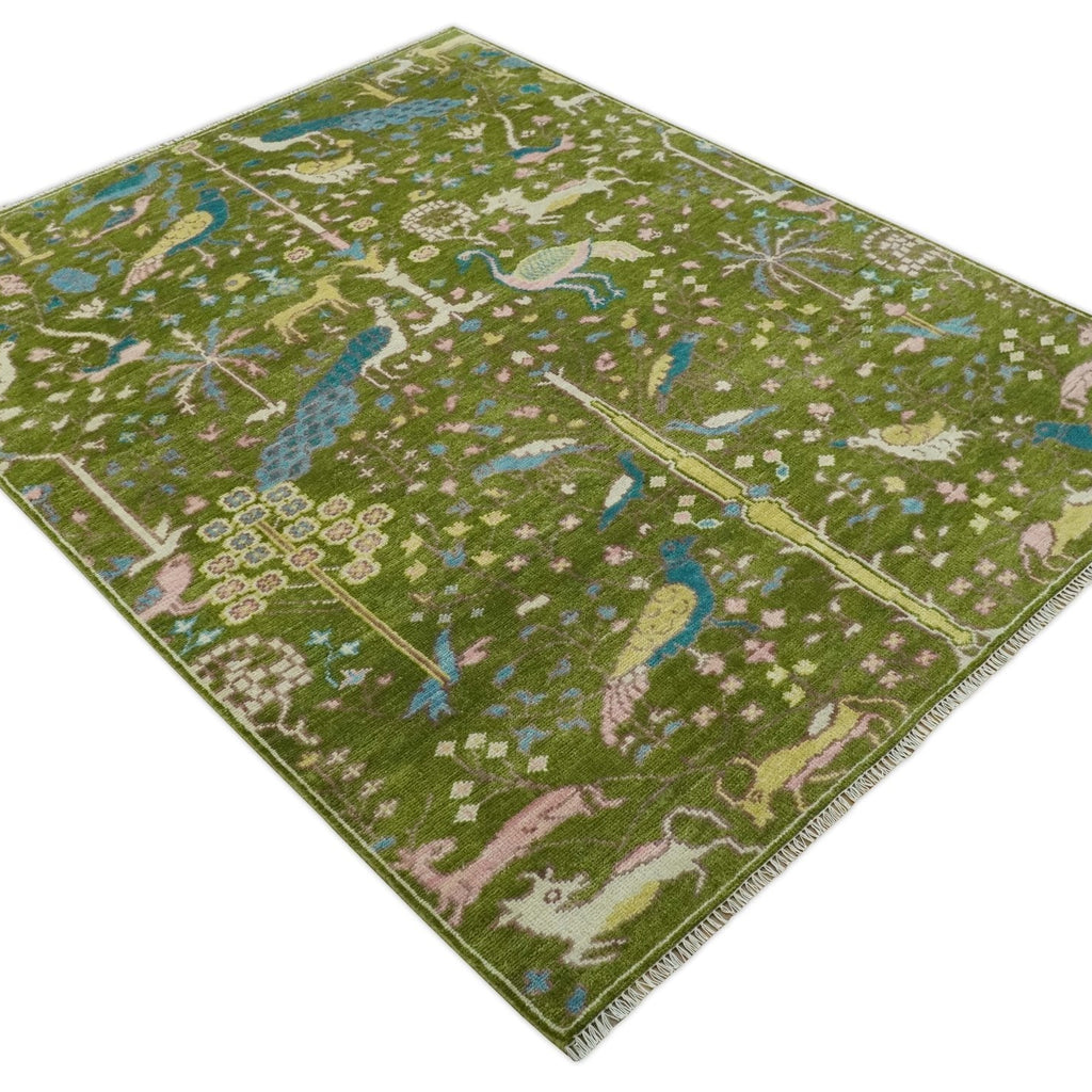 The Green Jungle Life Teal and Peach Peacock Bird Hand Knotted Custom Made Wool Area Rug