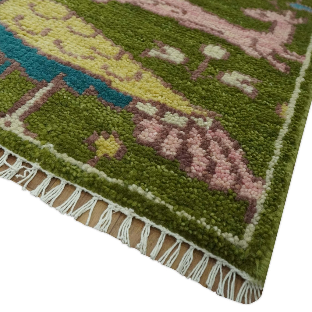 The Green Jungle Life Teal and Peach Peacock Bird Hand Knotted Custom Made Wool Area Rug