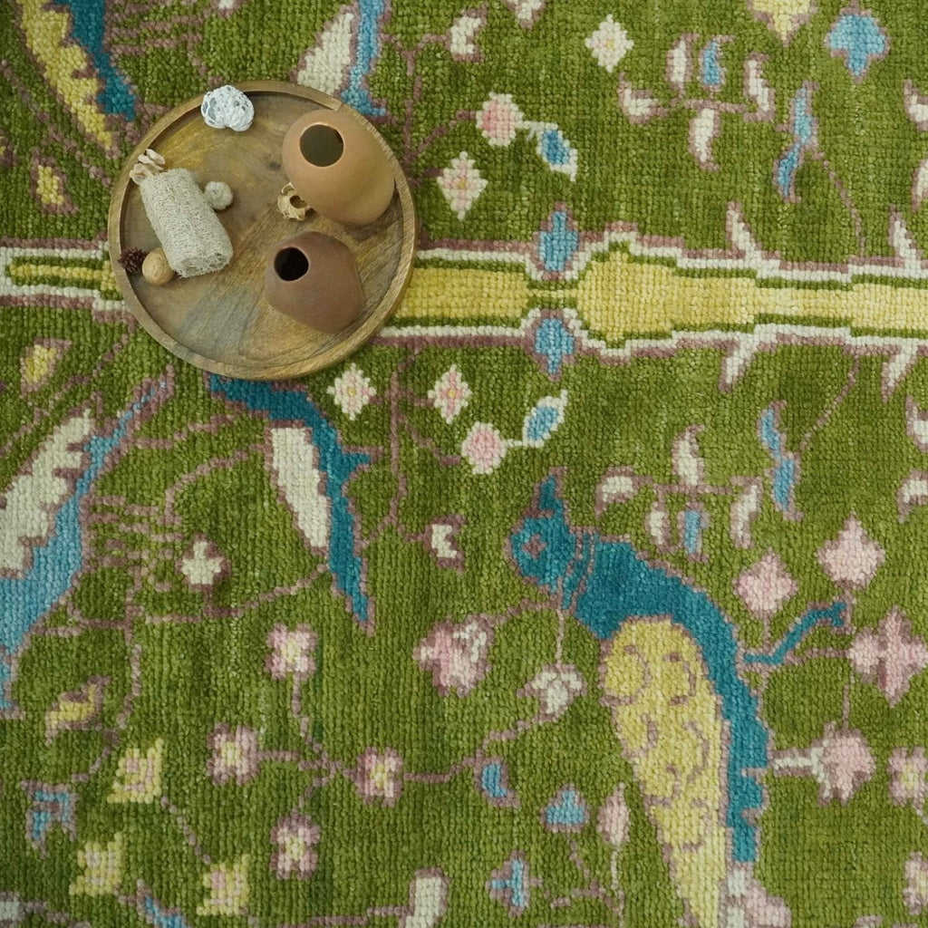 The Green Jungle Life Teal and Peach Peacock Bird Hand Knotted Custom Made Wool Area Rug